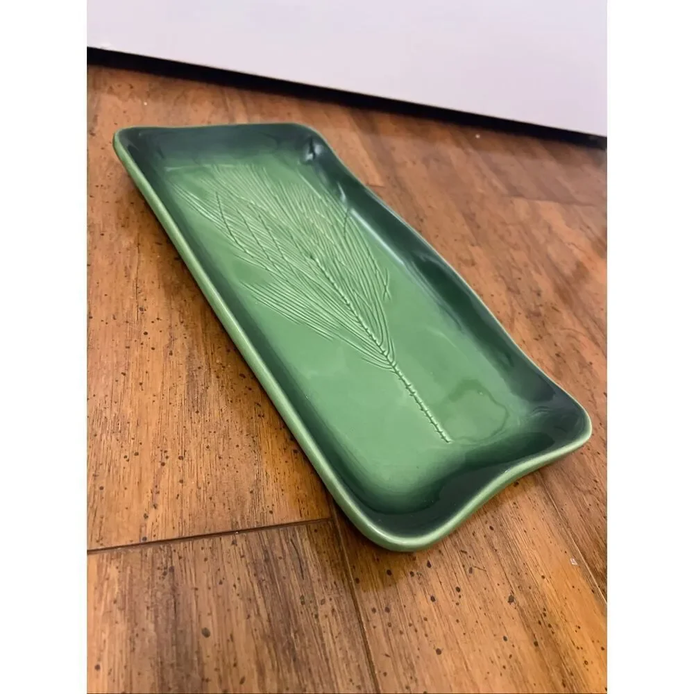 Kay Wayne Signed Studio Art Pottery Pine Needle Branch Green Serving Platter
